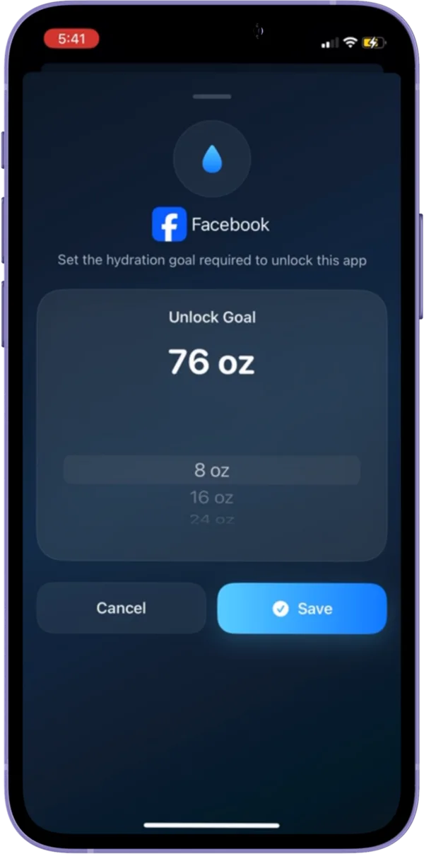 Sponge app locking Facebook until a hydration goal is reached