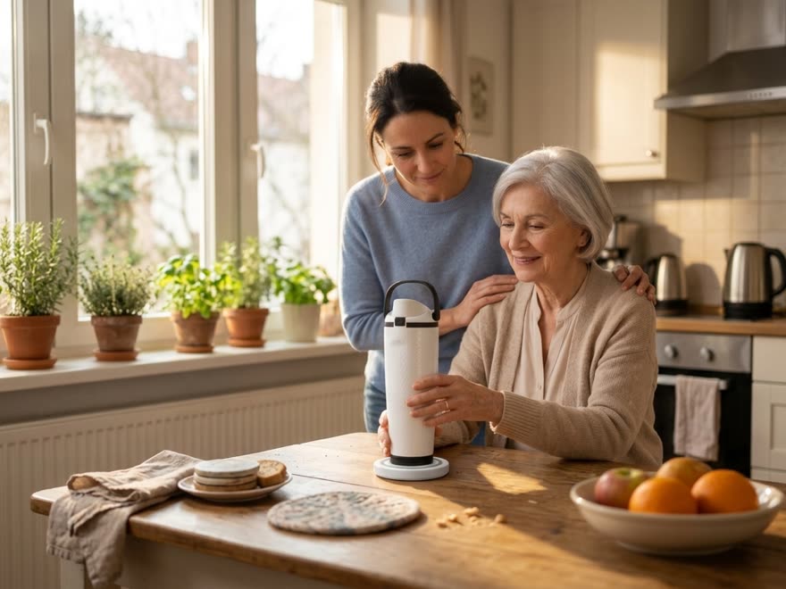 Adult daughter with her mother and a tracked water bottle at home